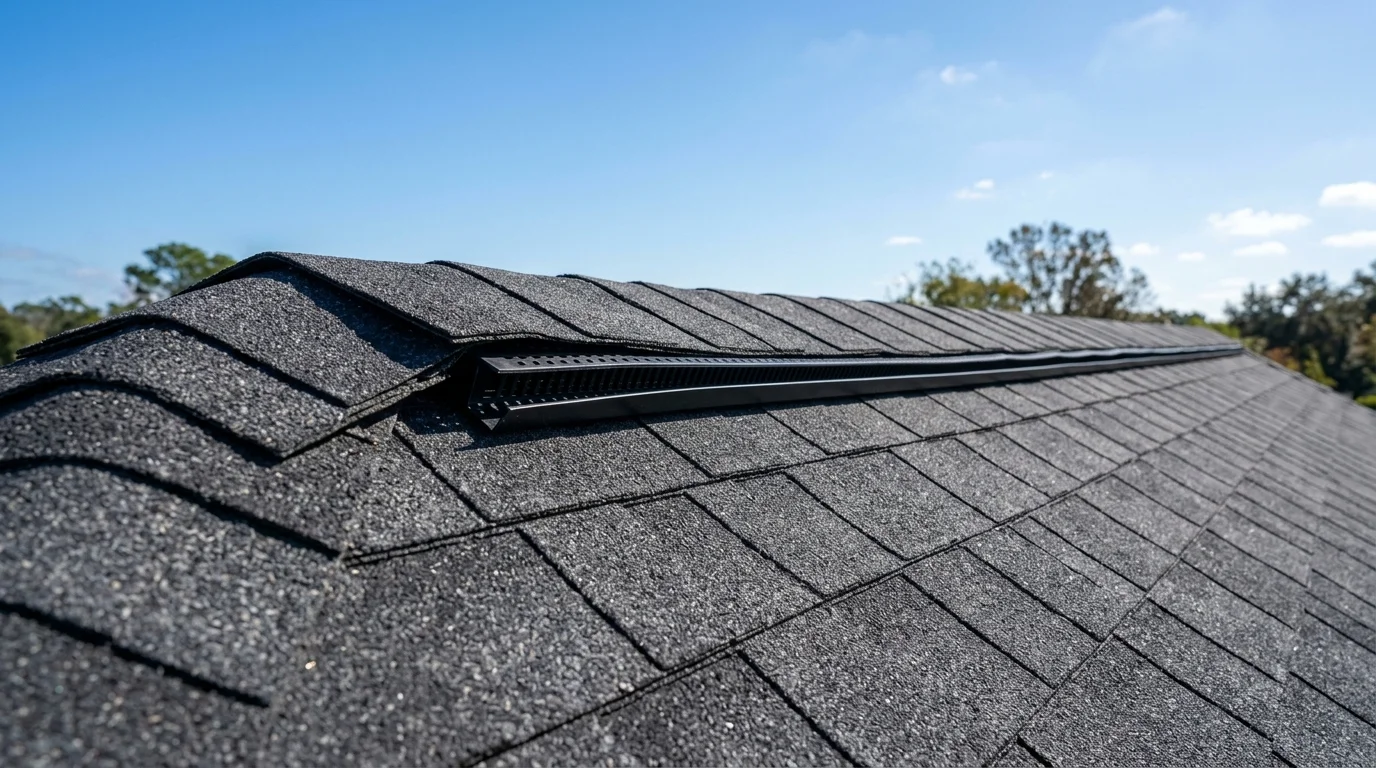 Modern low profile residential roof ridge vent installation